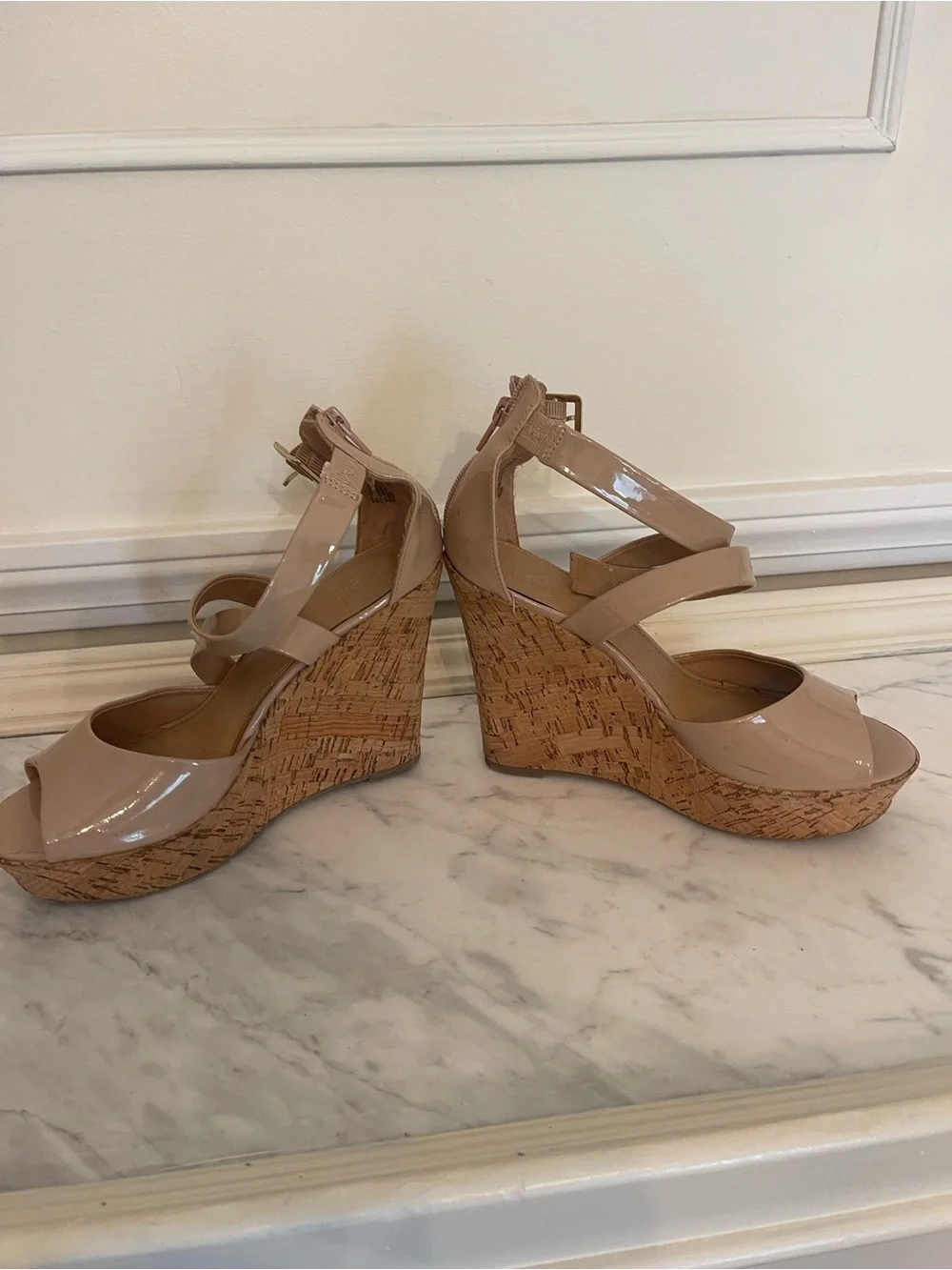 Material Girl Nude Patent Cork Wedge Sandals